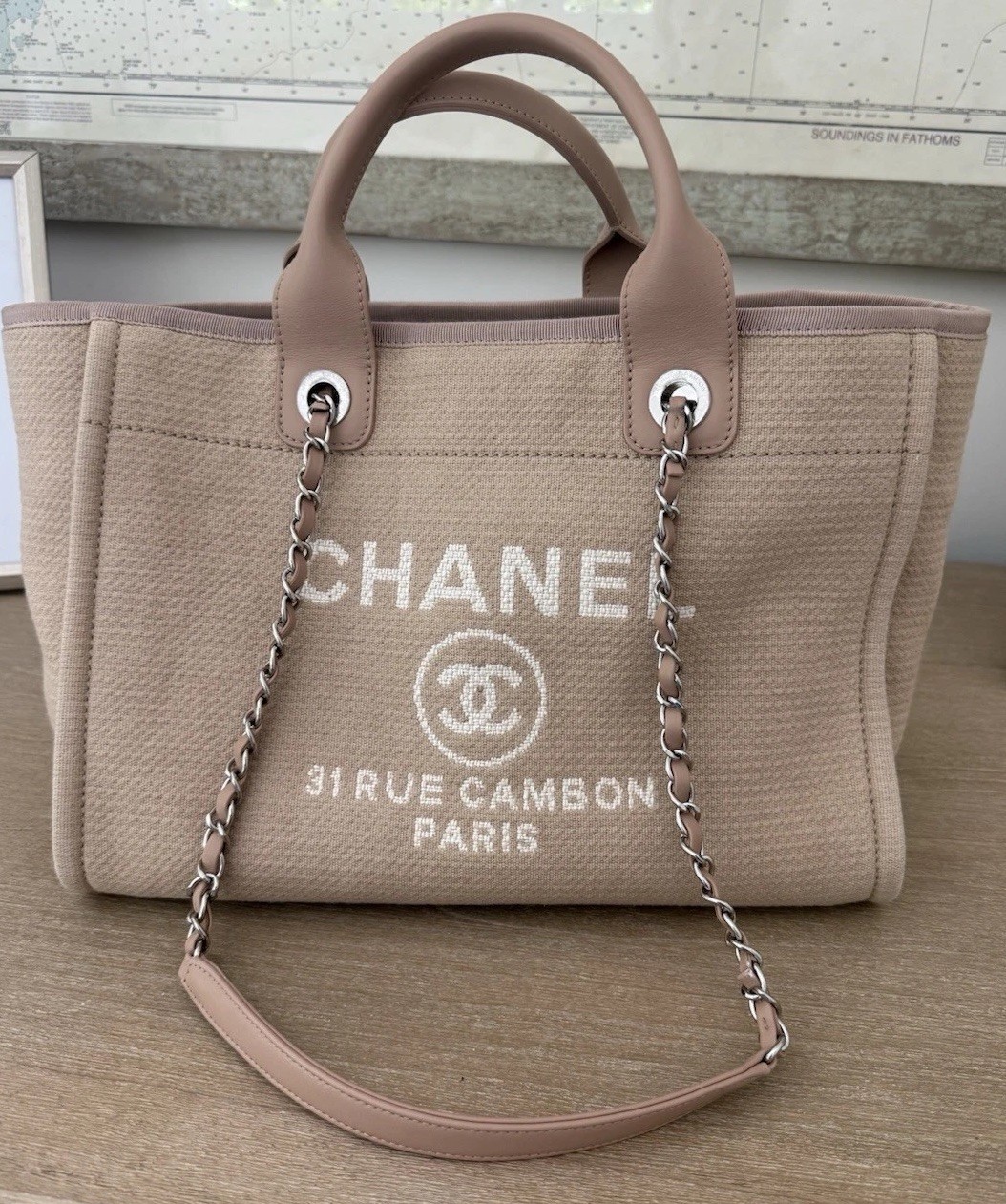 Authentic Chanel Mixed Fibers Medium Deauville Tote Beige