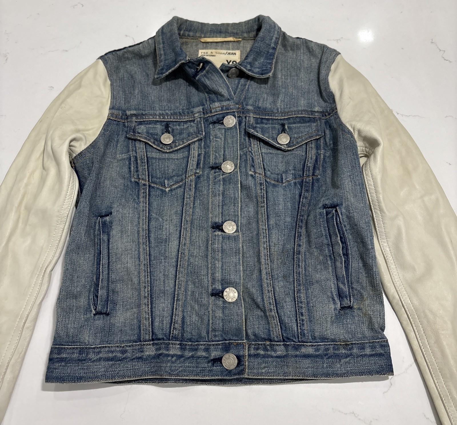 RAG & BONE Women’s Light Blue Denim Jacket With Cream Leather Sleeves Size XS