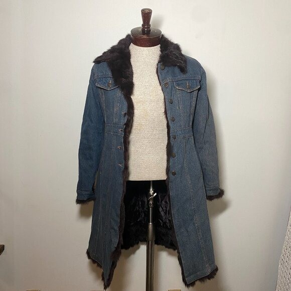 Moda Mojo Denim Jacket Blue Rabbit Fur Trim Quilted Lining Longline Fits Sz S