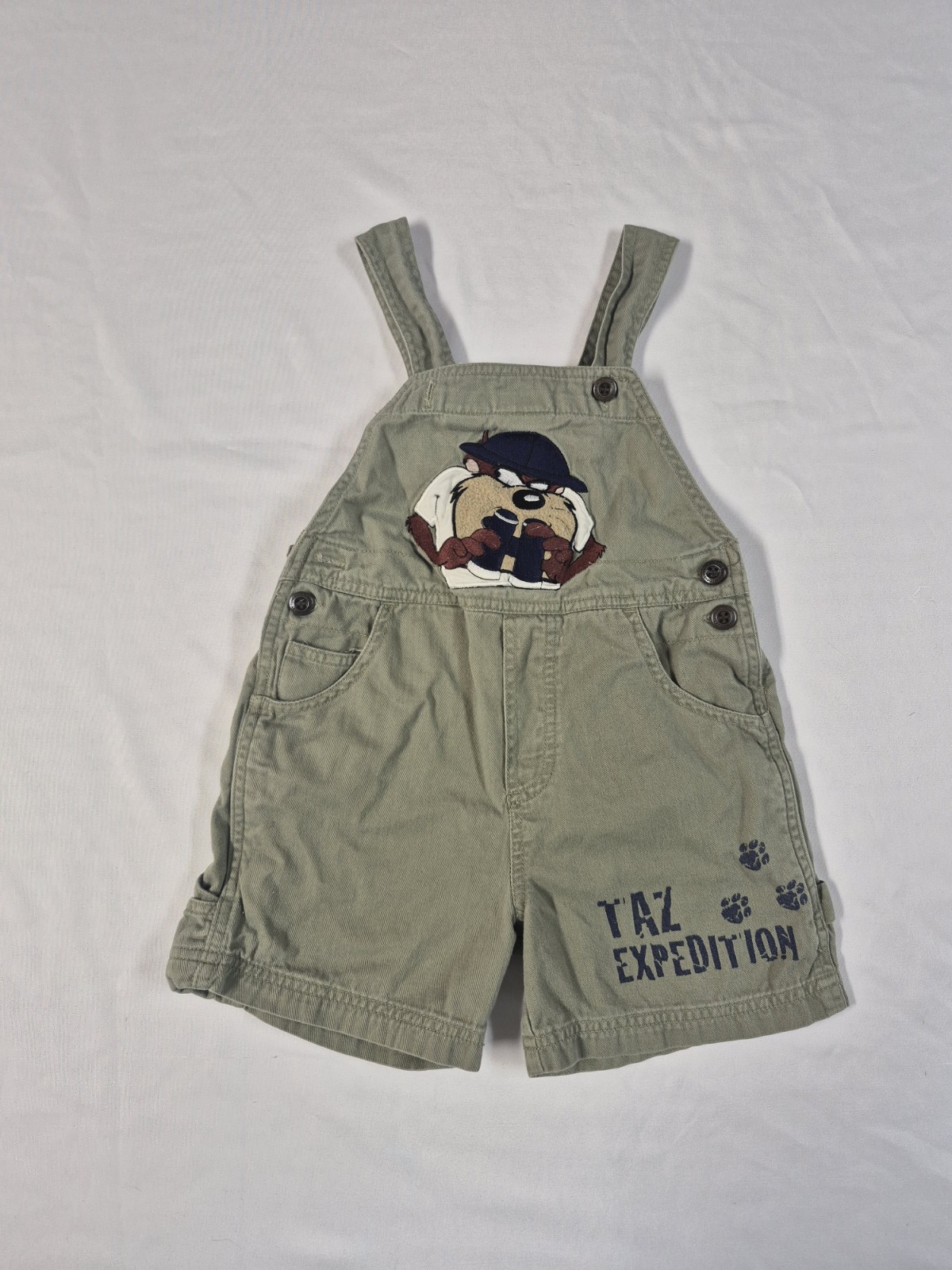 Vtg 90s Looney Tunes Taz Expedition Overalls Shorts Green Canvas Kid Toddler 4