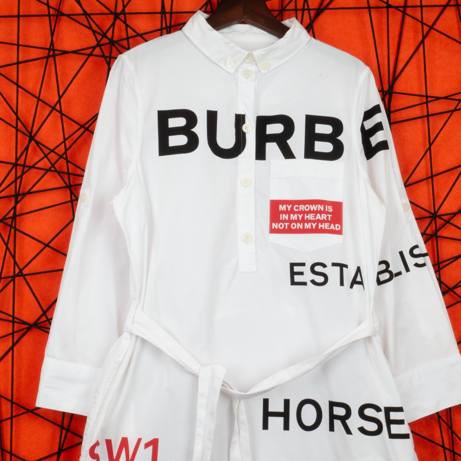 BURBERRY Horseferry Print Cotton Shirt Dress White Belted Logo UK 8 US 6 IT 40