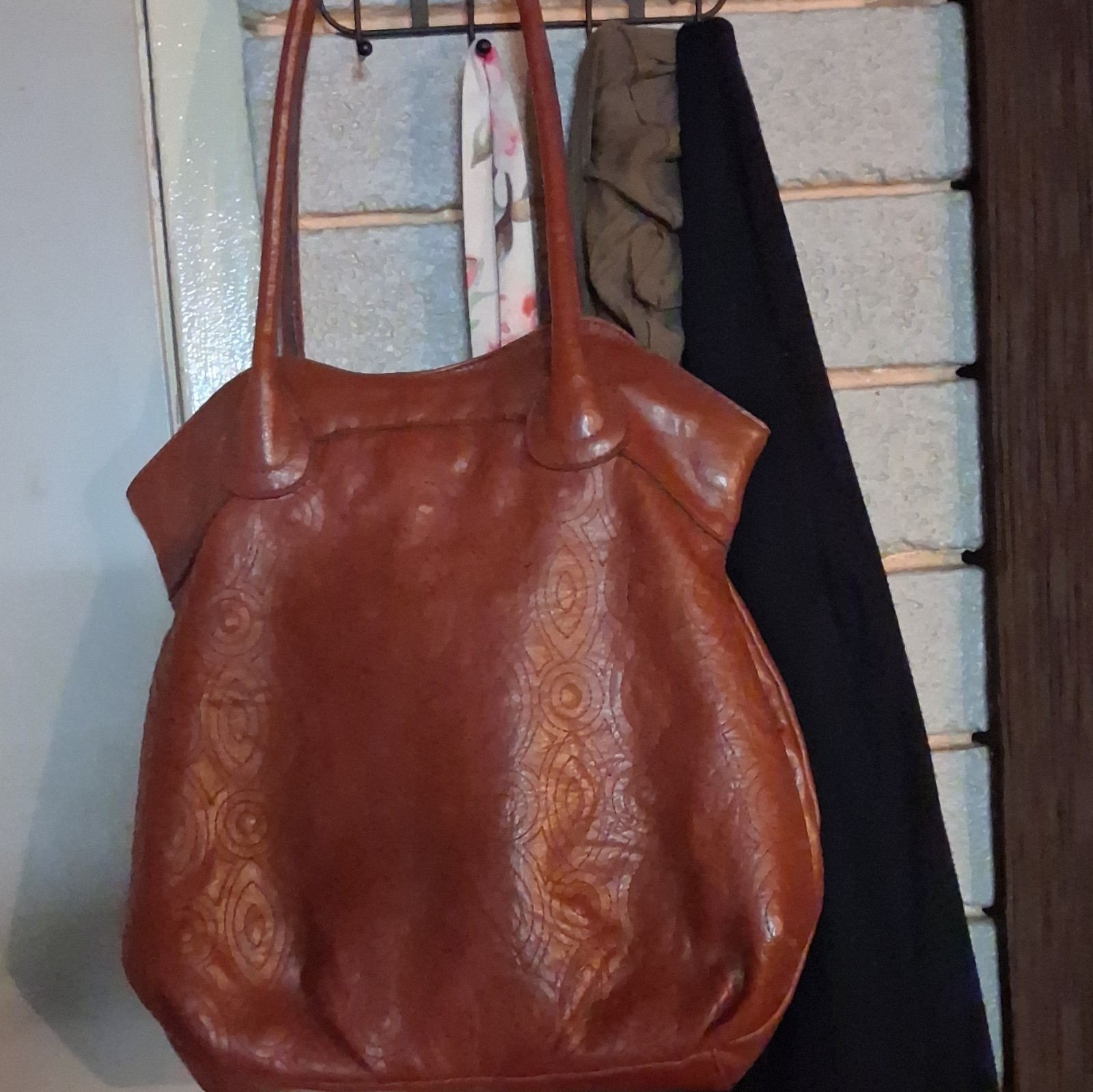 Axcess Brown Geometric Tote Bag Double Handles Snap Closure Gold Hardware Lined