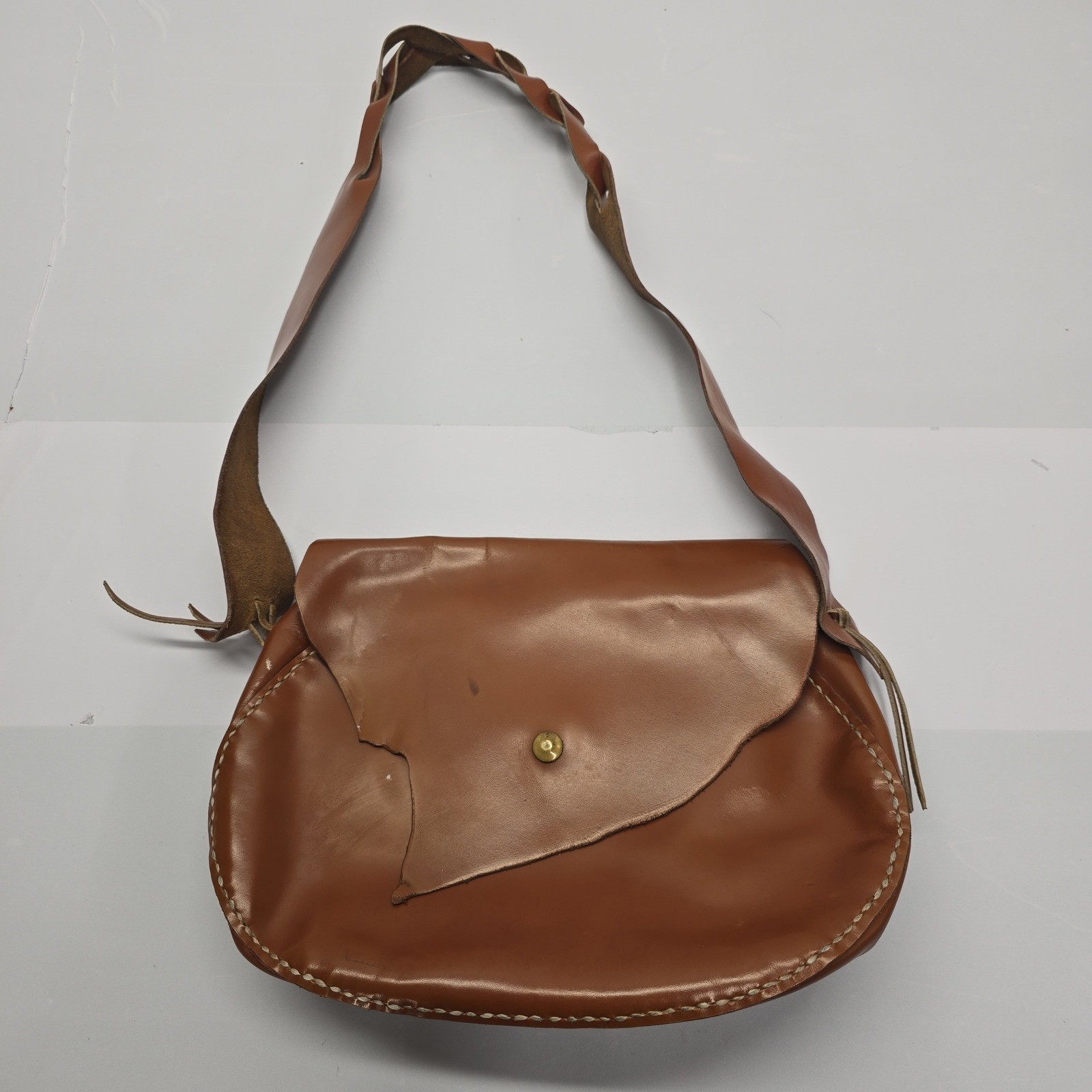 Vintage Handmade Brown Leather Crossbody Bag Artisan Saddle Bag Raw Edge Stitch