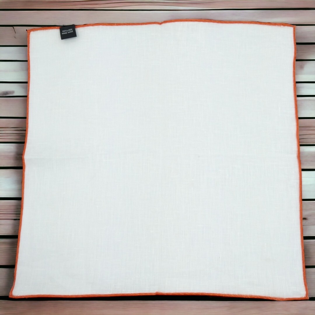 Mens White 100 Linen Pocket Square Burnt Orange Border Hanky Handkerchief 13×13″