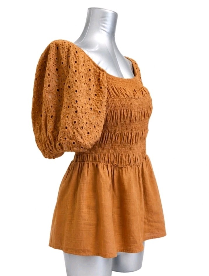 Maurices Boho Rust Eyelet Smocked Square Neck Puff Sleeve Peplum Blouse 1X