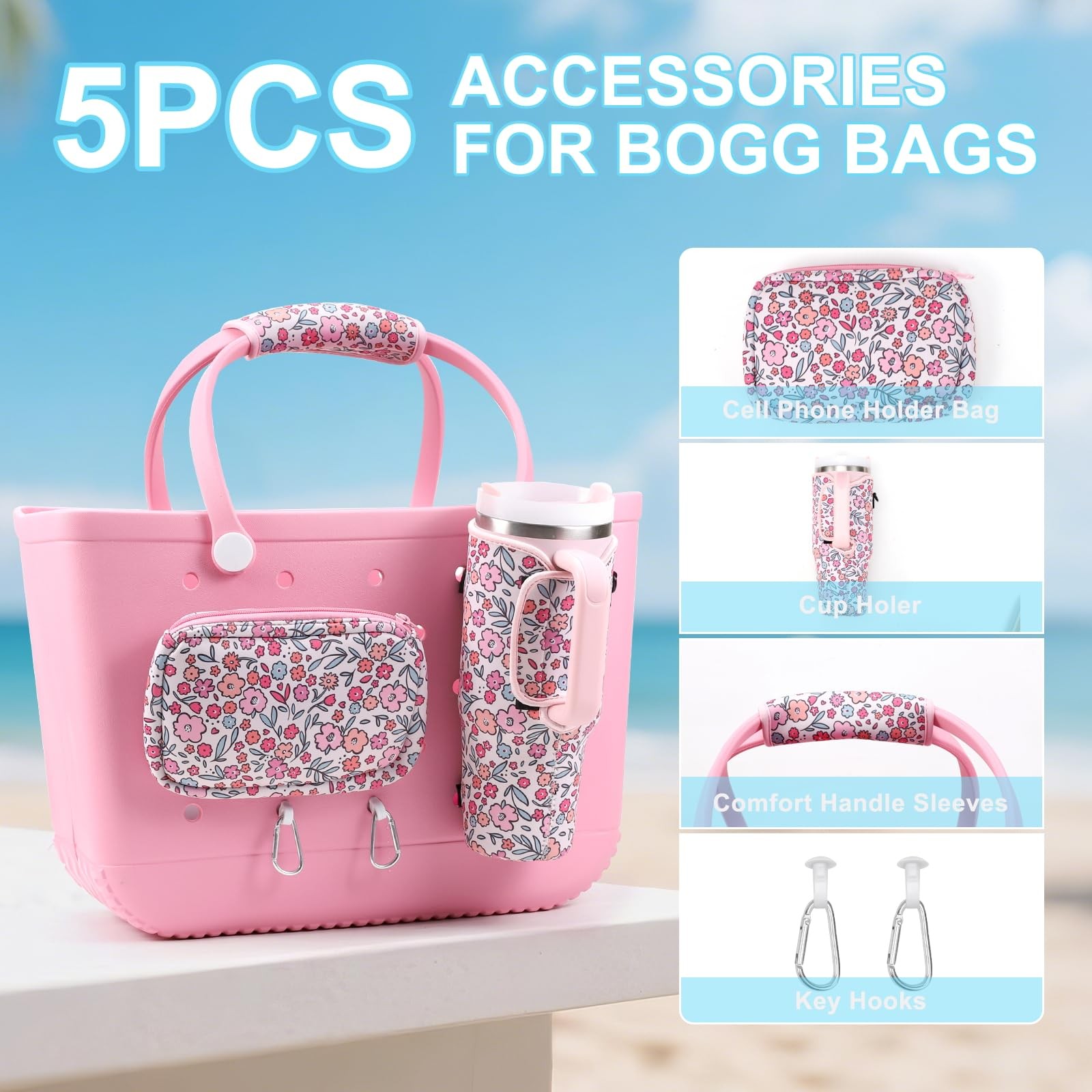 5PCS Organizer Holder for Bogg Bag, Accessories Bags, Pink Floral