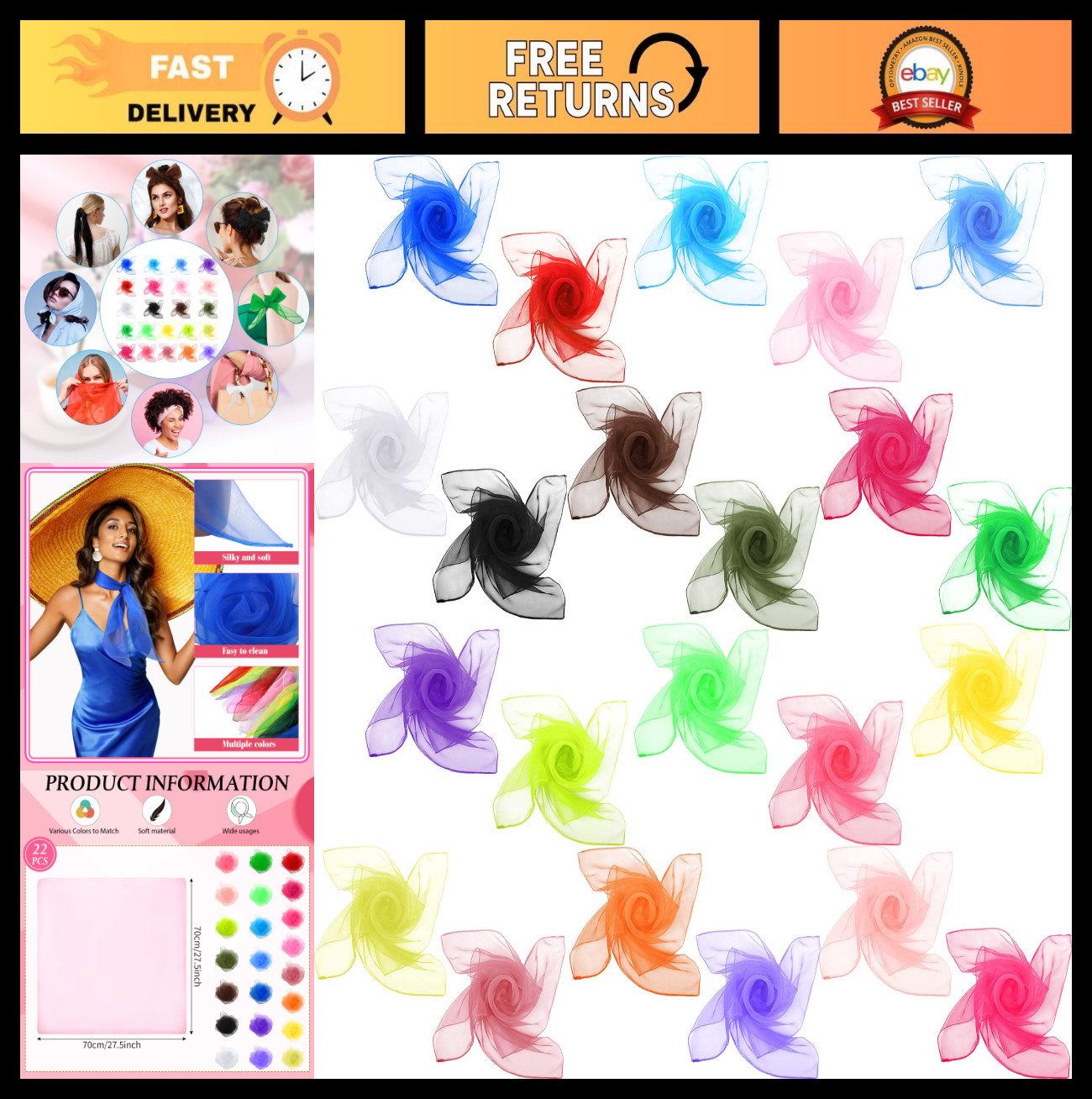 22 Pcs 50s Retro Sheer Head Scarves for Women – Lightweight Chiffon Dance & Jugg