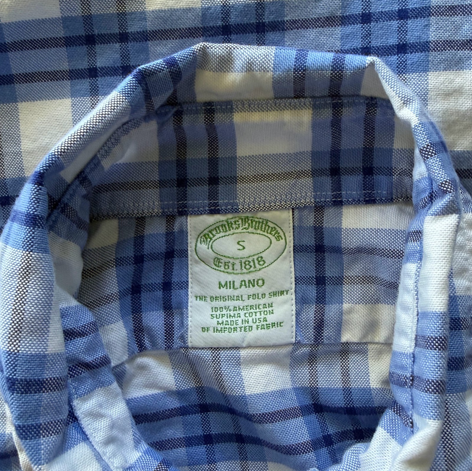 Brooks Brothers Milano Shirt S Small Blue Plaid Supima Cotton Made in USA Slim