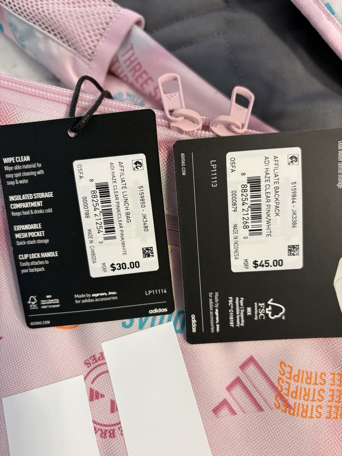 MATCHING SET Adidas Affiliate Lunchbox & 18in Backpack W/ Laptop Sleeve Pink