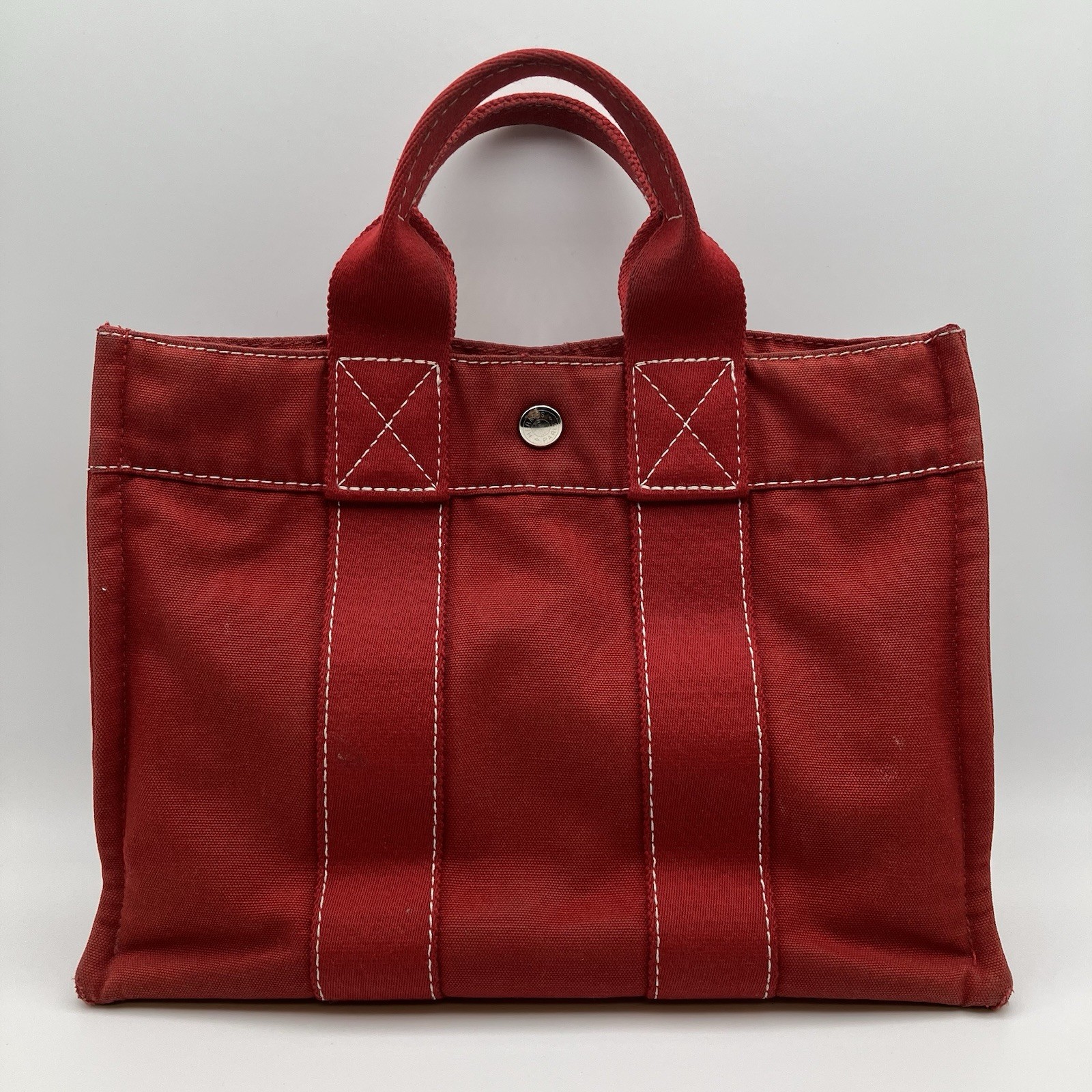 Vintage Hermès Red Canvas Tote Bag Garden Party Style White Stitching