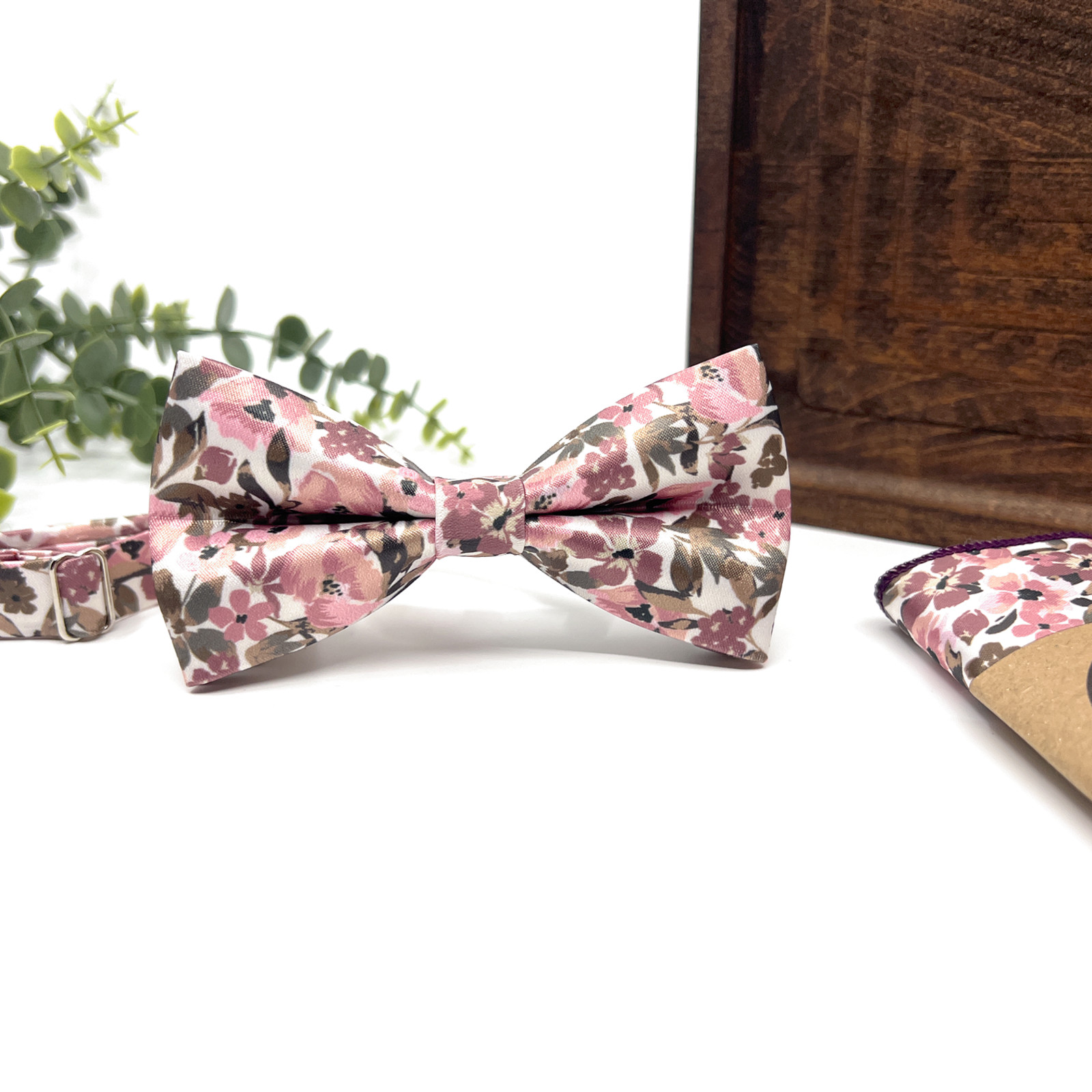 Blush Pink Floral Suspenders and Bow Tie Set With Olive Green