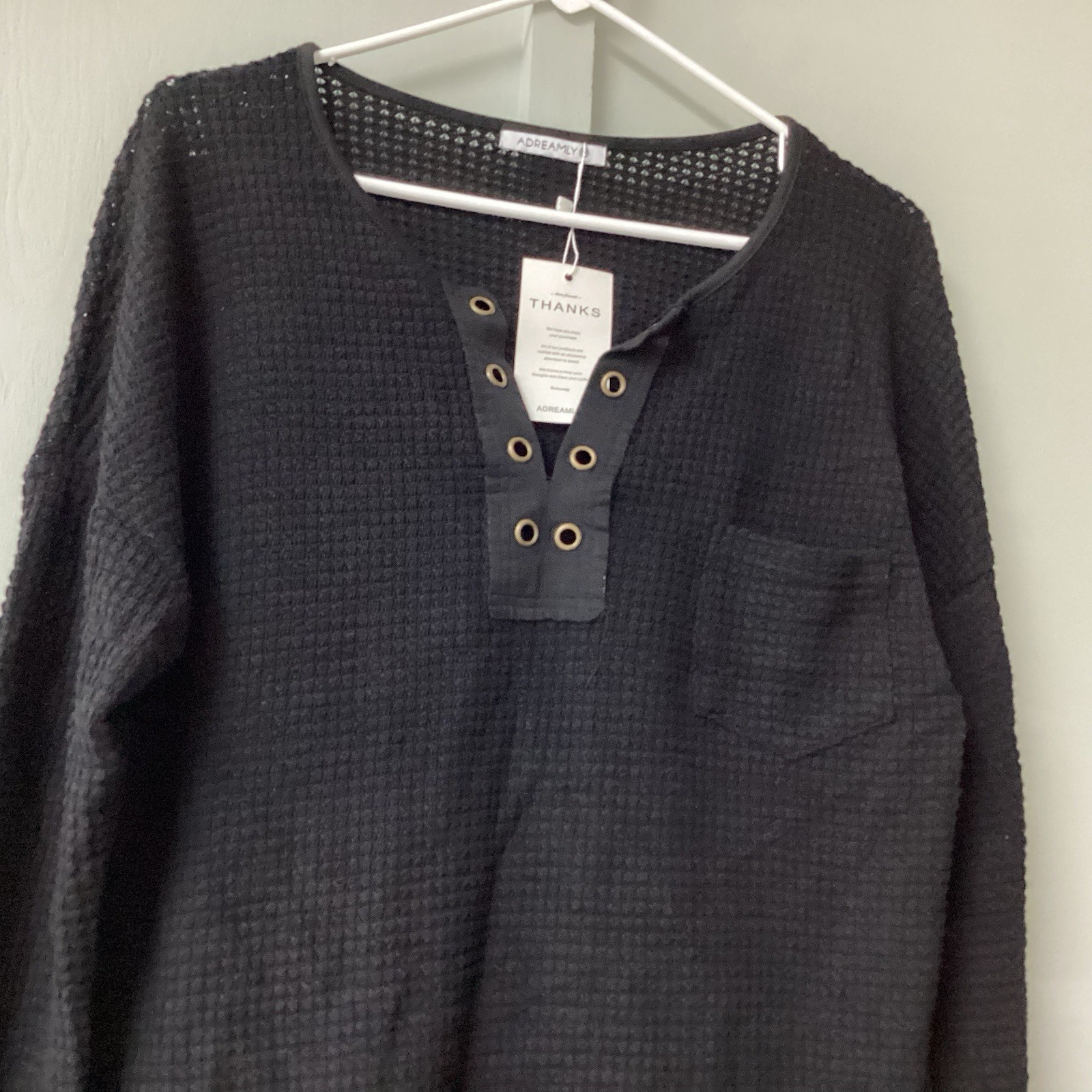 ADREAMLY Black Semi-Sheer Blouse Women’s Size Medium Waffles Studs Hole Knit New