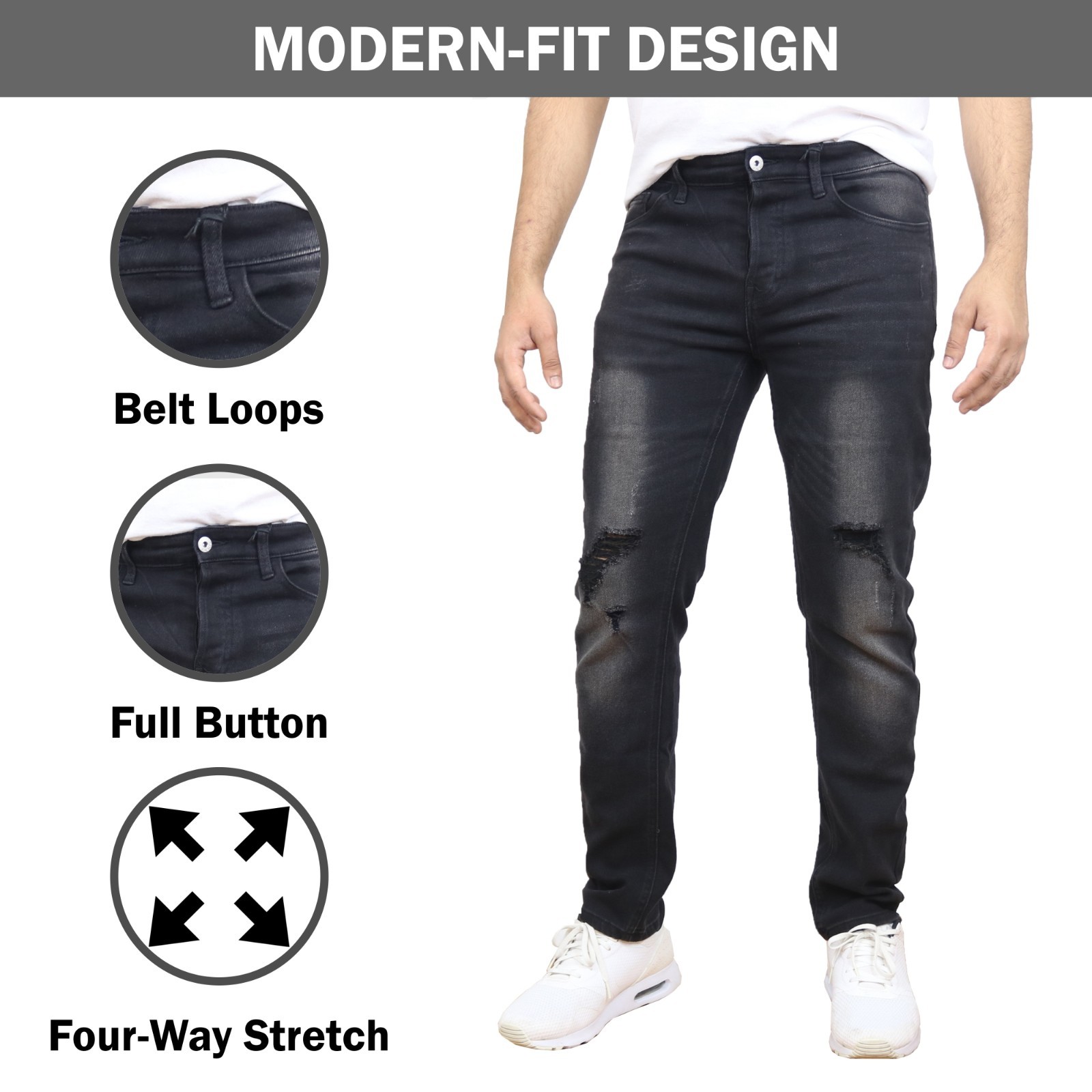 Men’s Modern Fit Ripped Denim Jeans Casual Comfort & Flex Woven For All Season
