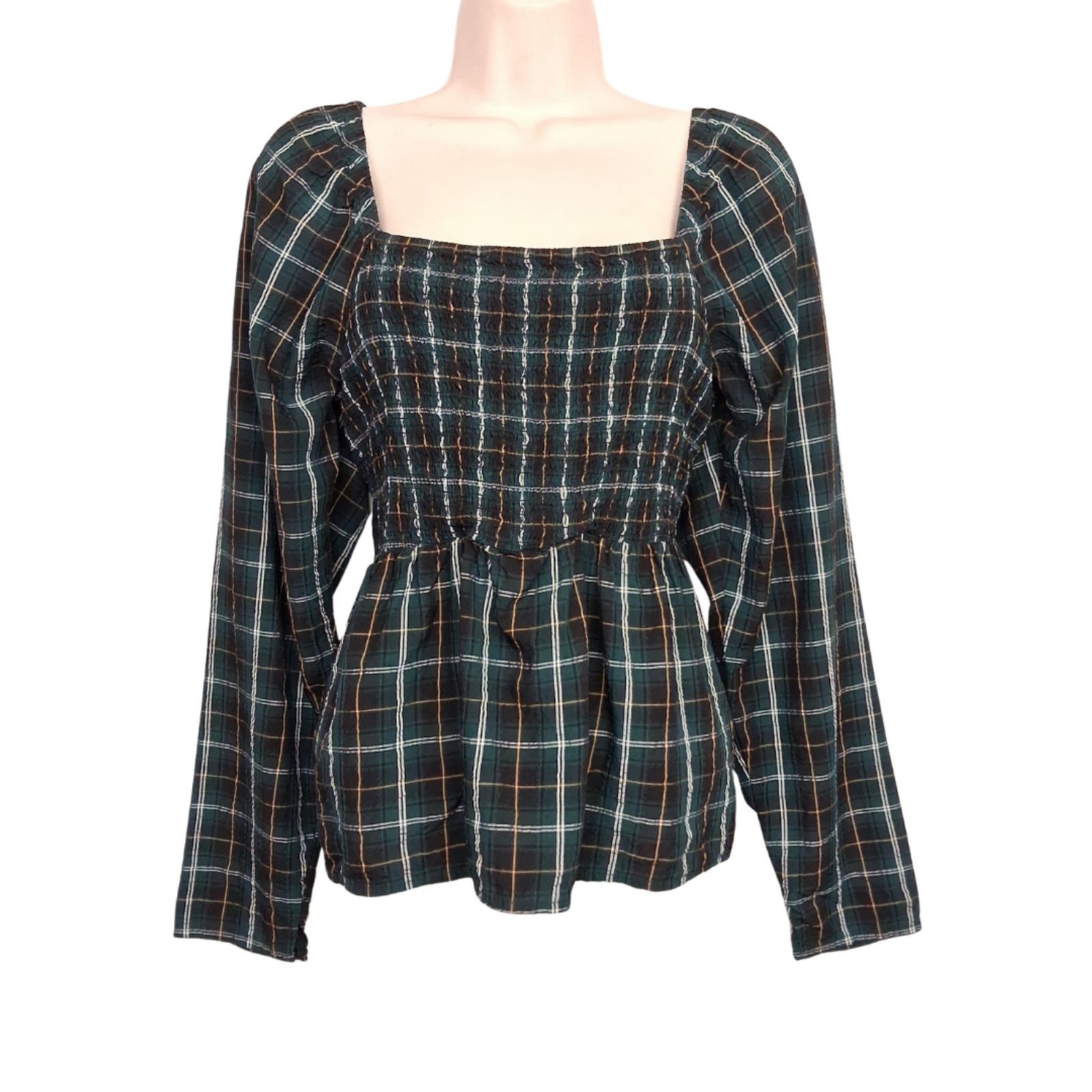 OLD NAVY Plaid Peplum Top Smocked Square Neck Long Sleeve Green Print Large