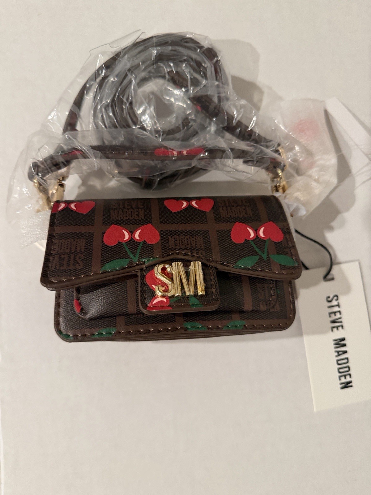 Steve Madden Small Cherry Print Logo Crossbody Bag Detachable Strap Snap Gold