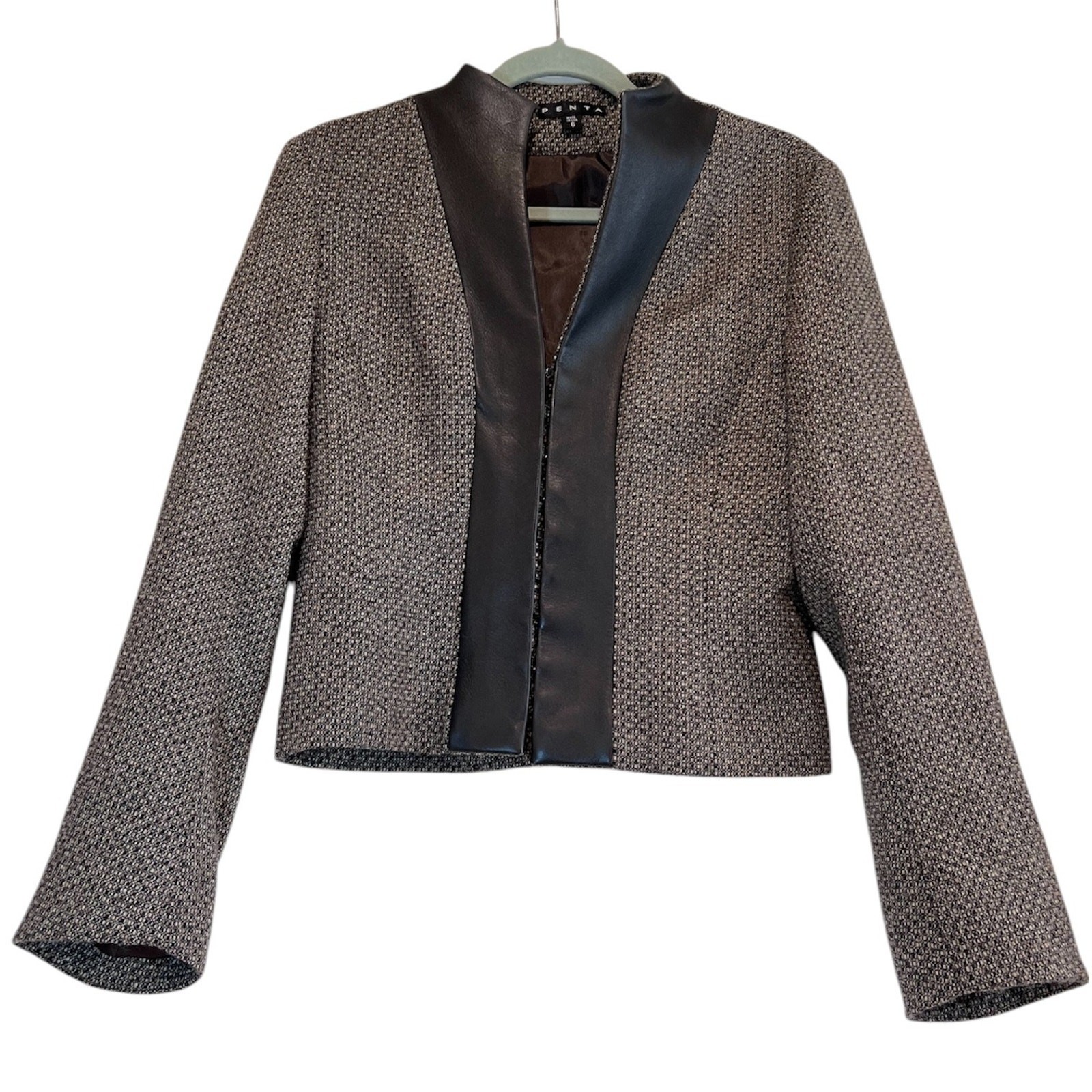 PENTA 100% Wool Tweed Jacket Women’s 6 Genuine Leather Trim Open Front Blazer