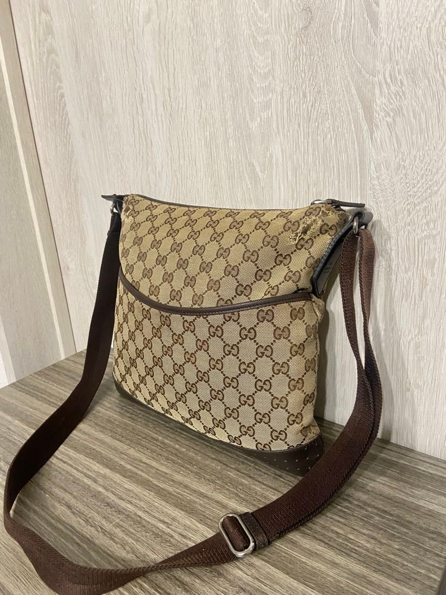 GUCCI shoulder bag GG pattern canvas beige leather punching crossbody
