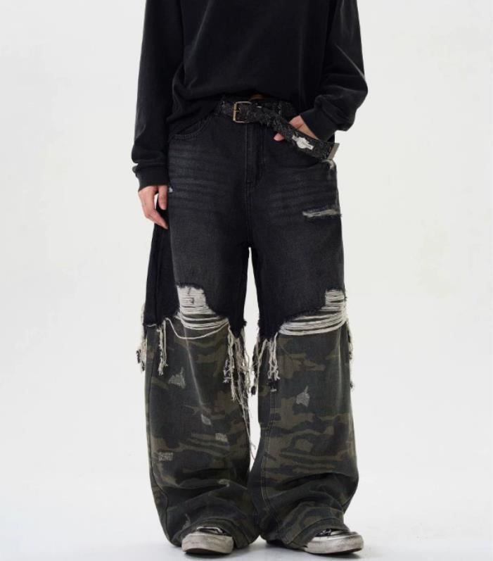 Men Black Camouflage Mixed Denim Jeans Straight Leg Casual Punk Hip Hop Trousers