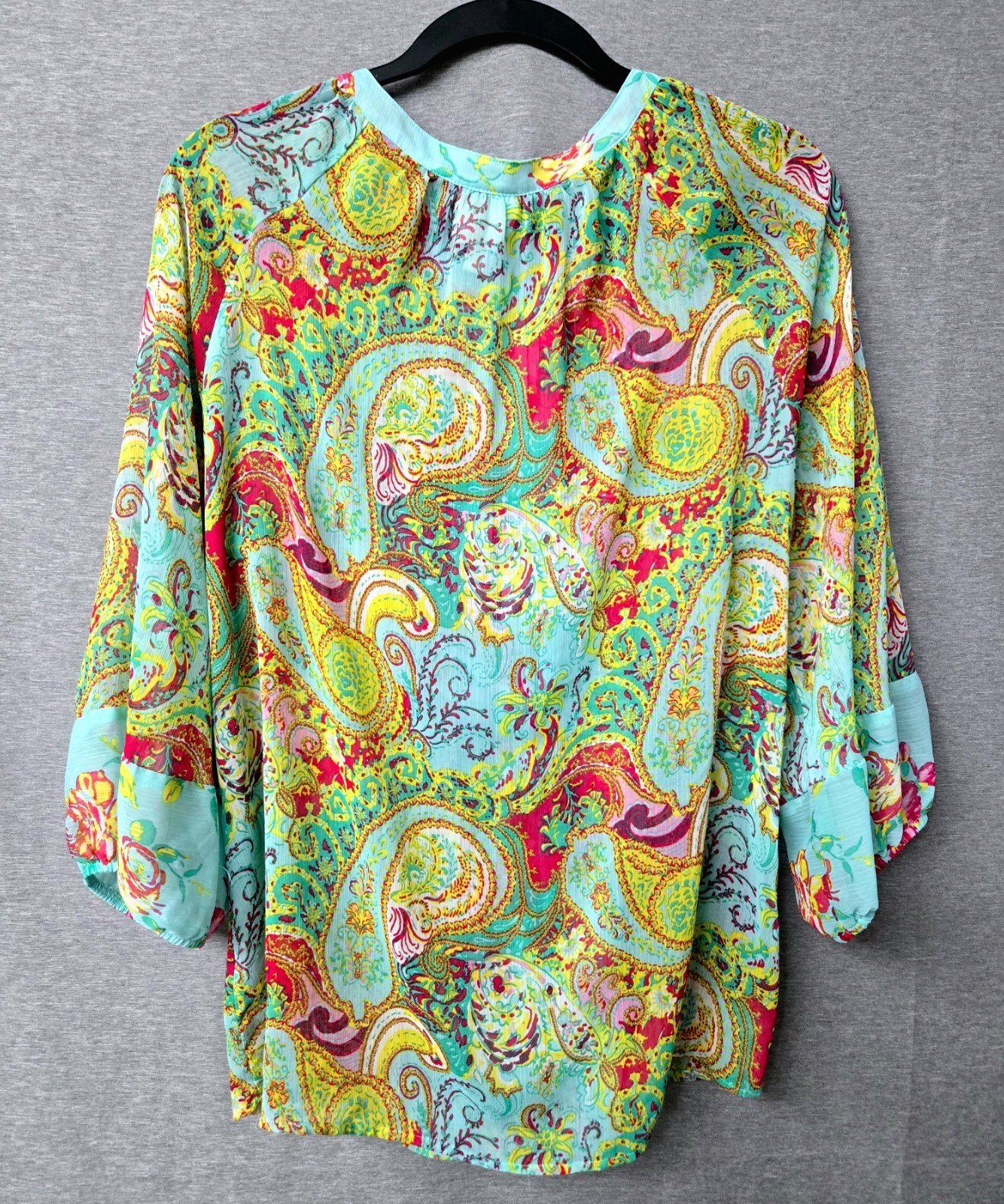 Fig & Flower Blouse Size XL Paisley Floral Boho Peasant Top Teal Balloon Sleeve