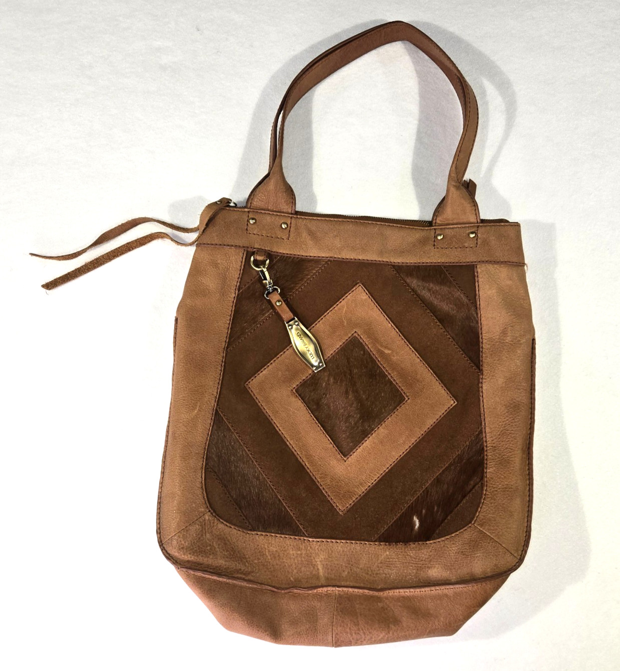 Lucky Brand Gwen Leather Suede Sachel Shoulder Bag Brown Patchwork Calf Hair