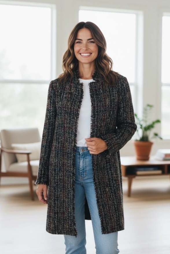 J. McLaughlin Jacket Coat Black Blue Tweed Fringe Large L