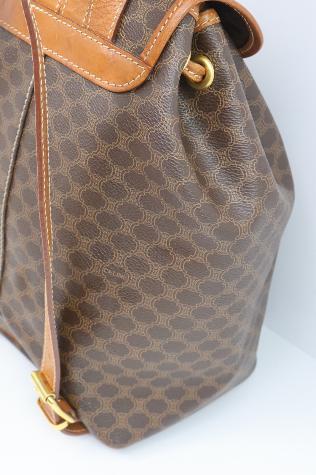 Authentic CELINE Macadam Canvas Backpack Brown PVC Leather Vintage Bag France