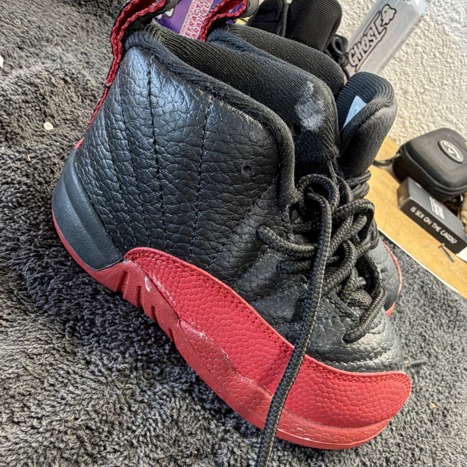Jordan Air Jordan 12 Retro Unisex Kids Black/Red Leather Sneakers 7C 850000-002