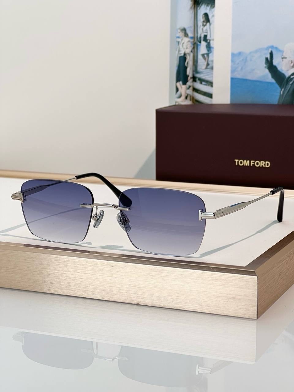 Tom Ford Rimless Square Sunglasses Silver Frame Gray Gradient Lenses Unisex