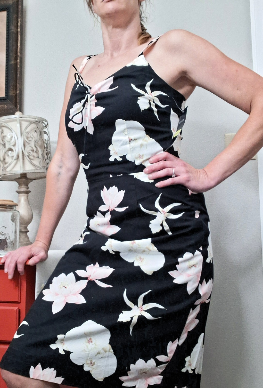 Karen Kane Women’s Size 12 Sheath Dress Knee Length Strappy Square Neck Floral