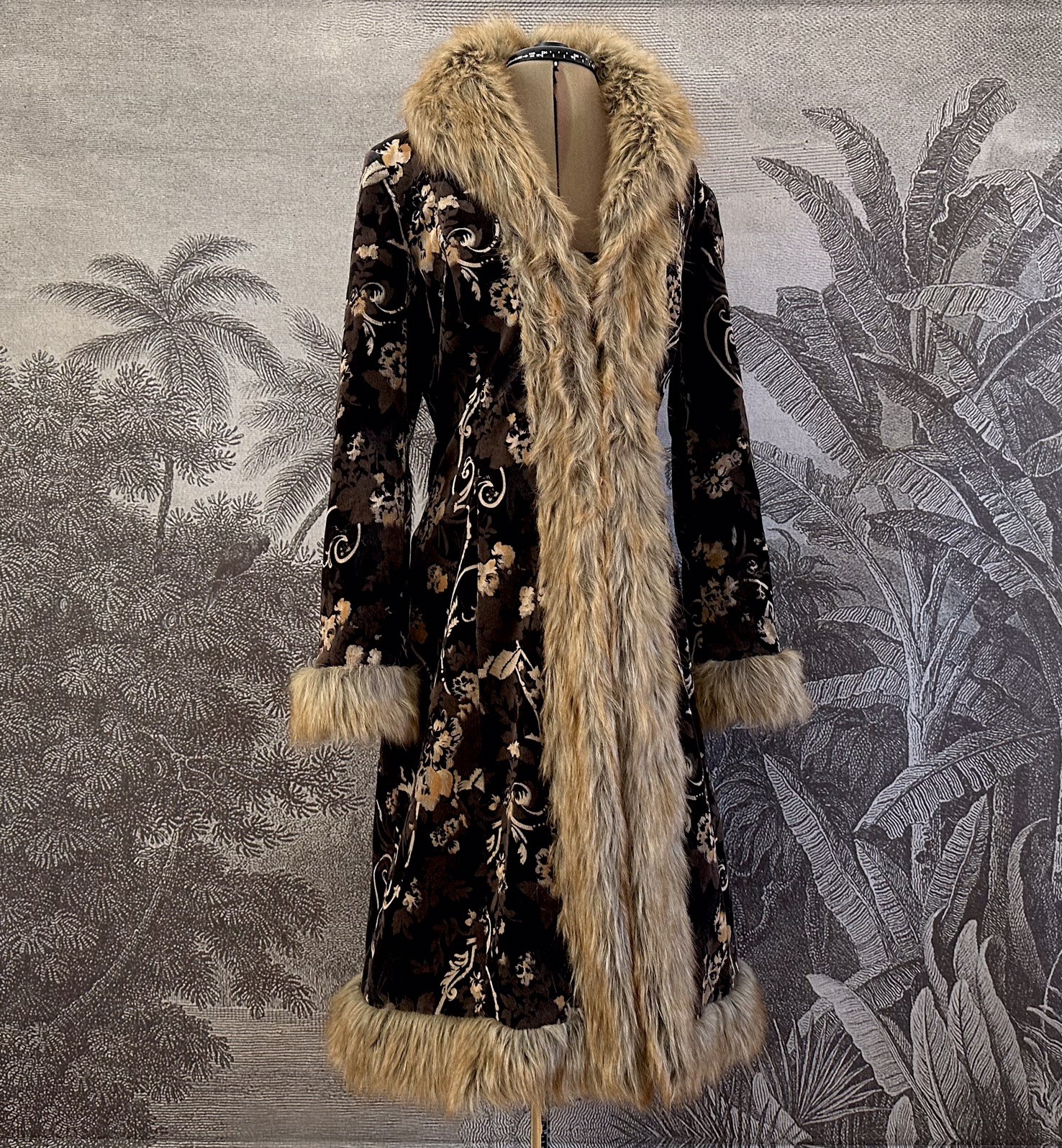 Stunning Rare Vintage Afghan Coat Floral Corduroy Fur 70s Boho Hippy Jacket Sz M