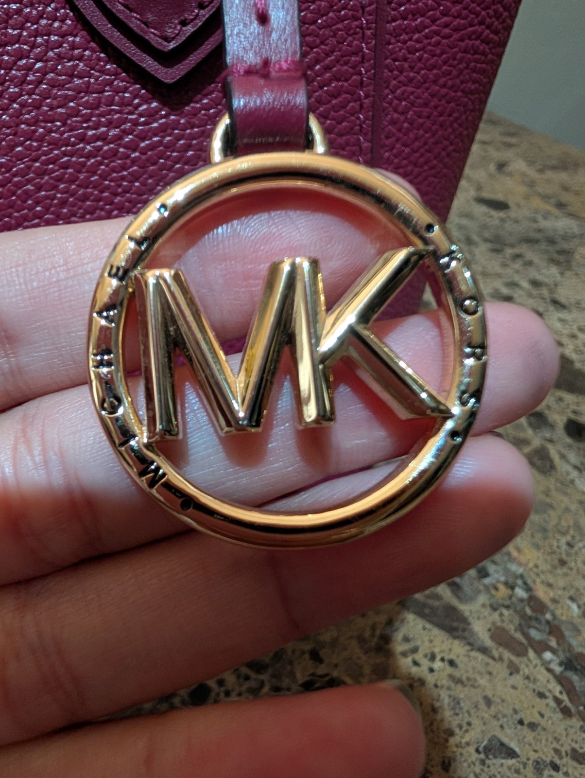 Michael Kors Burgundy Pebbled Satchel Double Handle Zip w/ Gold-Tone Logo Charm