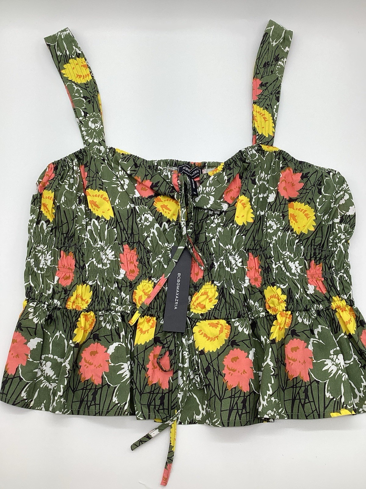 BCBGMaxAzria Olive Floral Smocked Tank with Yellow & Coral Blooms NWT
