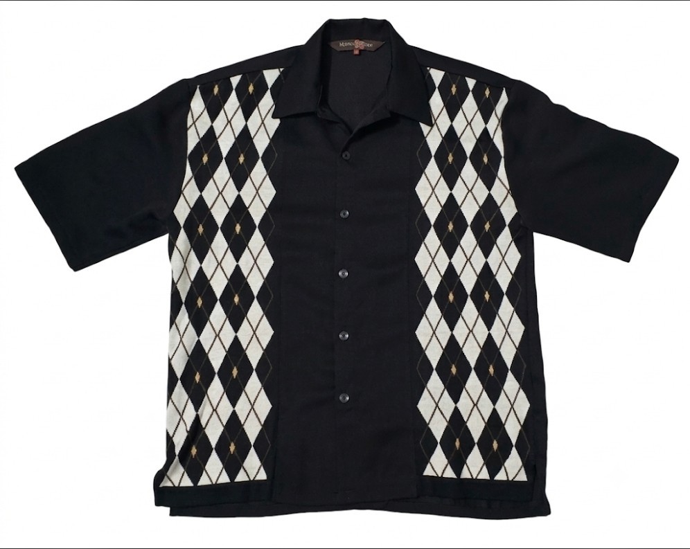 Michael Irvin 88 Men’s XL BlackArgyle Bowling Button Up Knit Shirt Rayon Silk