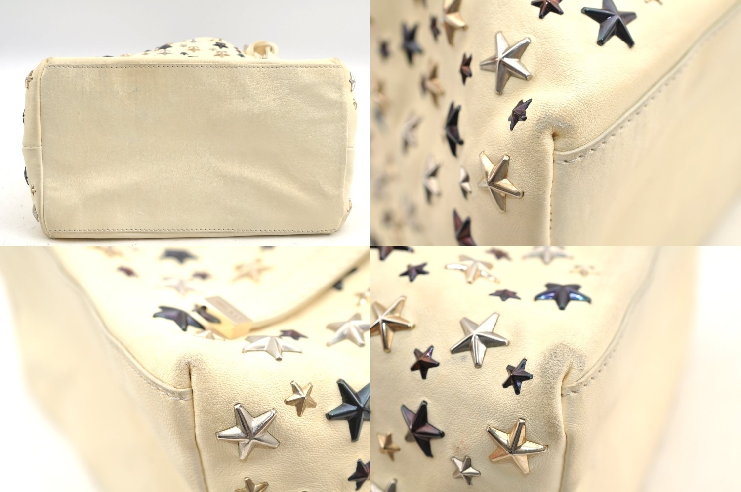 Authentic JIMMY CHOO Sasha S Star Studs Leather Shoulder Tote Bag White AB597