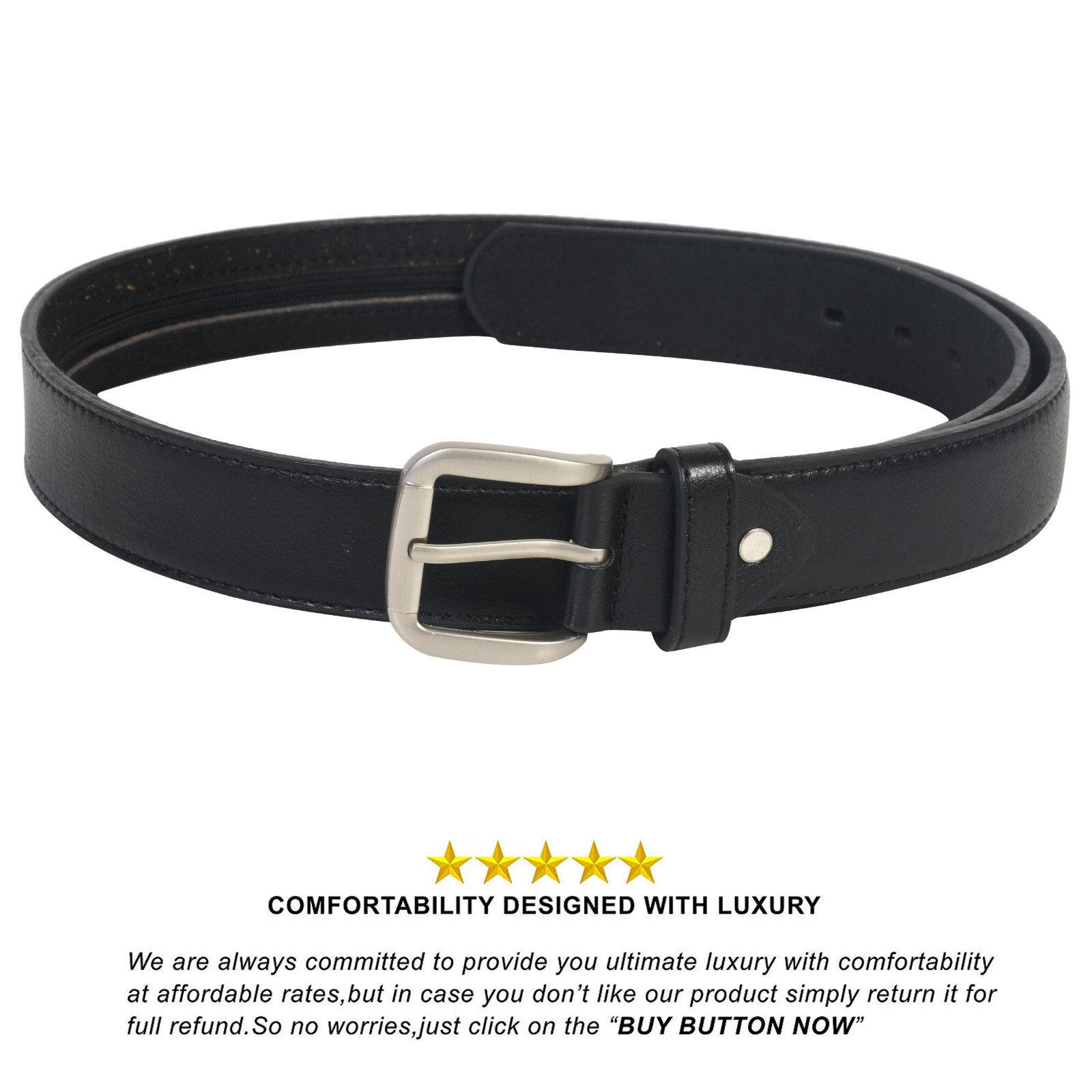 Genuine Leather Men Casual Money Zipper Safe Black Belt M.L.XL.XXL. 1.1/4″ Wide