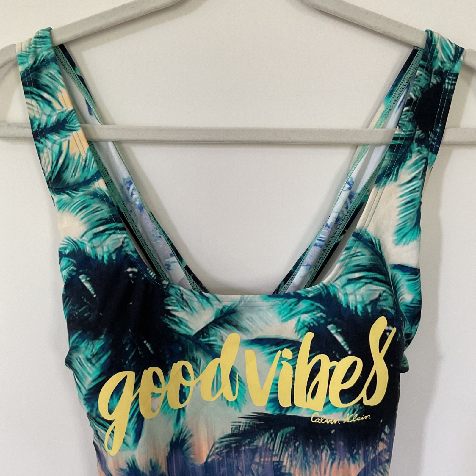 Calvin Klein Good Vibes Palm Tree One Piece Swimsuit XL Tropical Teal Green Navy