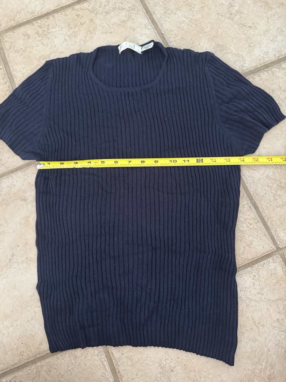 TSE Size L Navy Blue Cashmere Silk Short Sleeve Ribbed Pullover Shirt