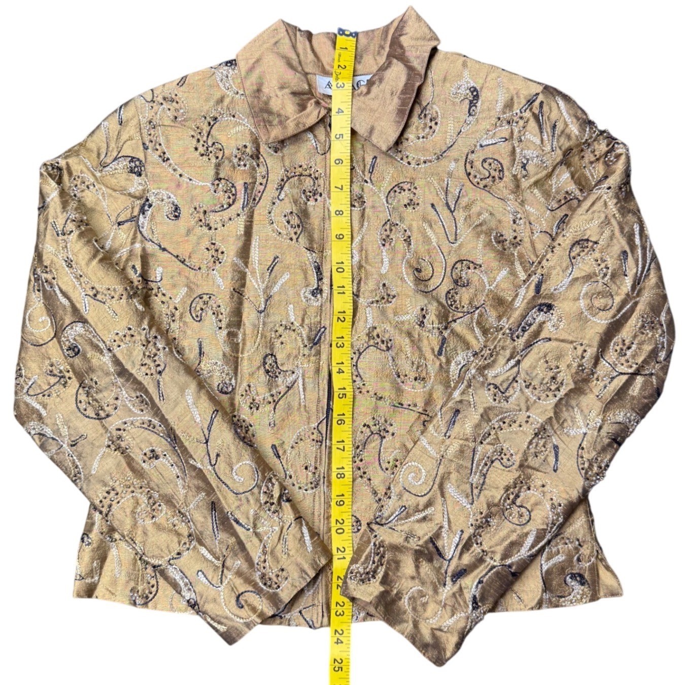 Anage Silk Embroidered Jacket Top Womens Medium Gold Evening Blouse