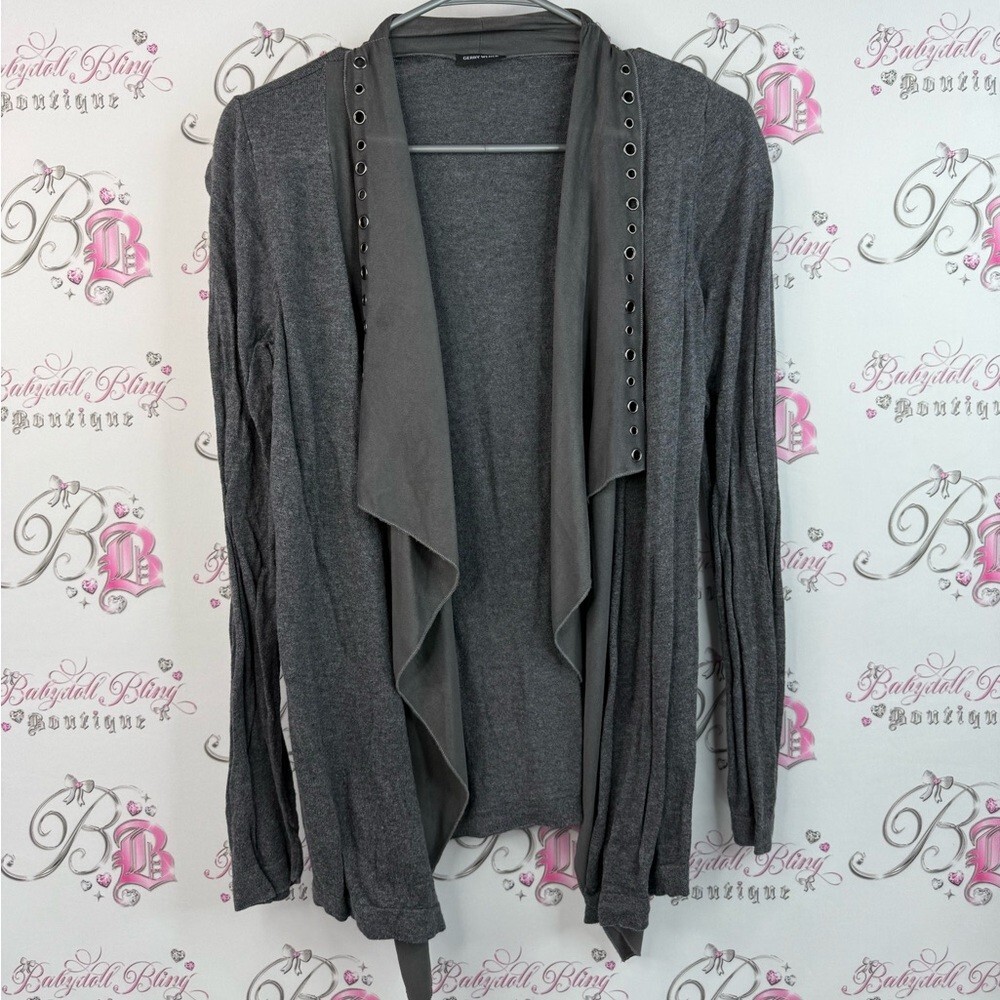 Gerry Weber sweater open front waterfall Charcoal Cardigan with Eyelet Accents