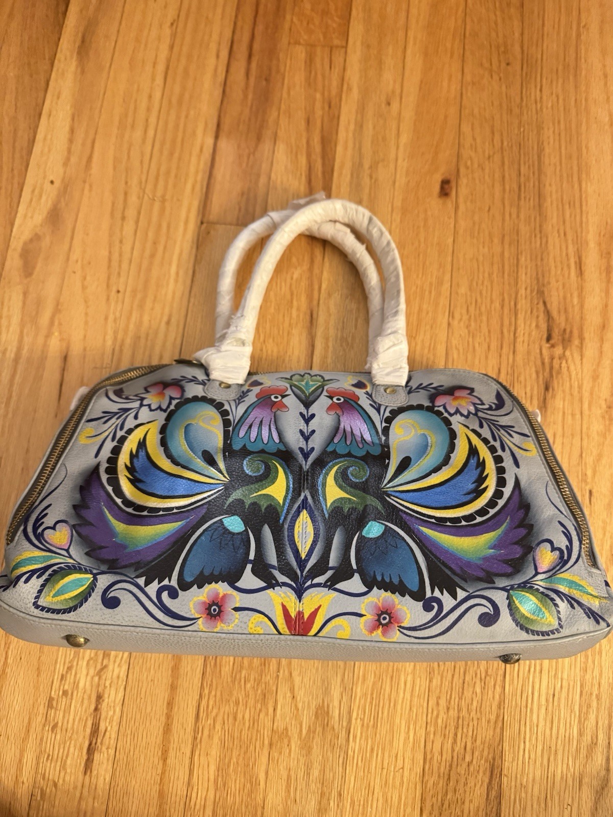 Anuschka Leather Handbag Hand Painted Chicken Print Shoulder Bag With Crossbody