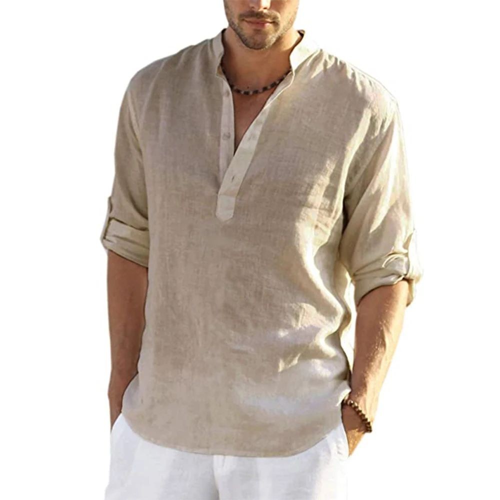 Men’s Cotton Linen Shirt Stand Collar Long Sleeve Casual Pullover Top