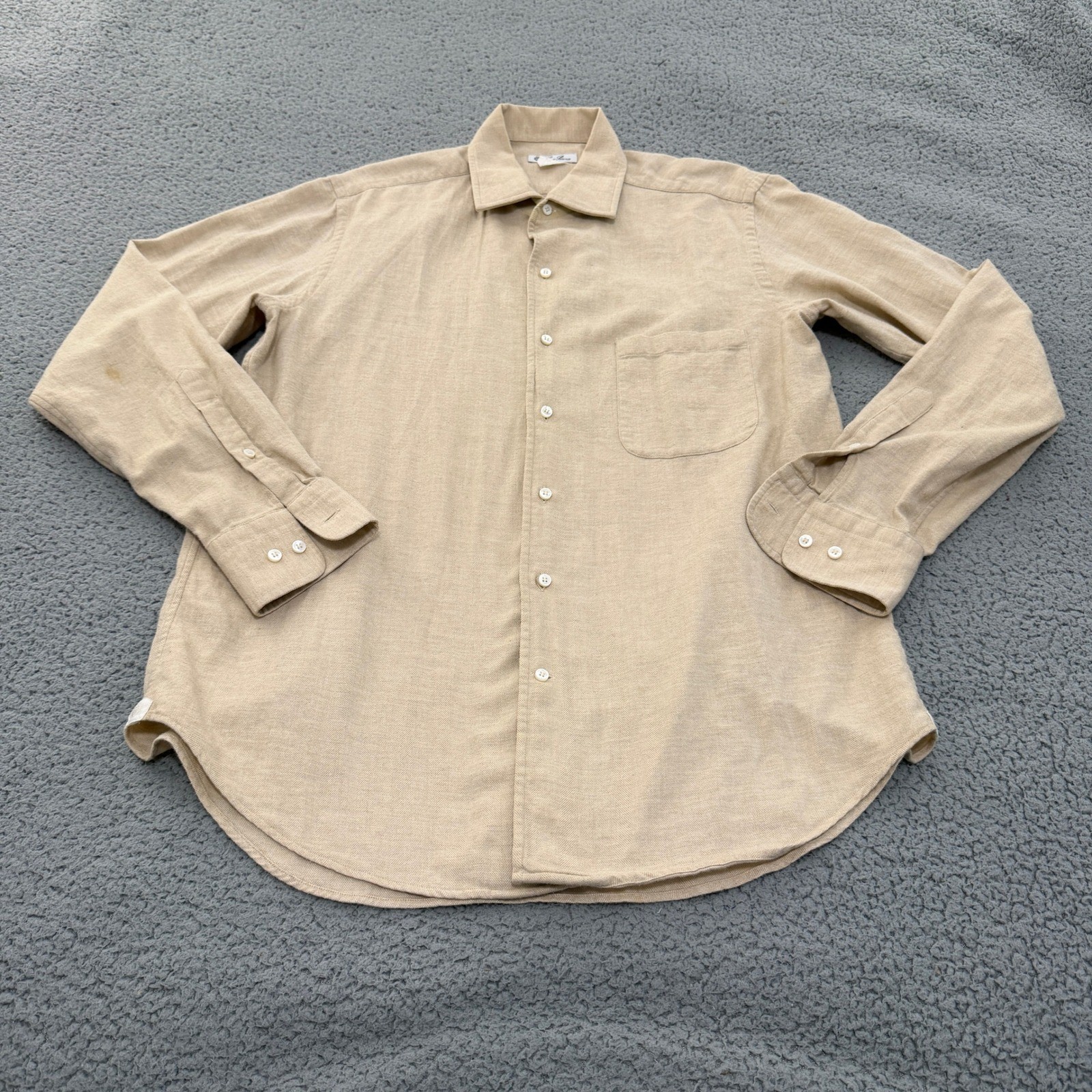 Loro Piana Button Up Shirt Mens Size L Beige Herringbone Cotton Made in Italy