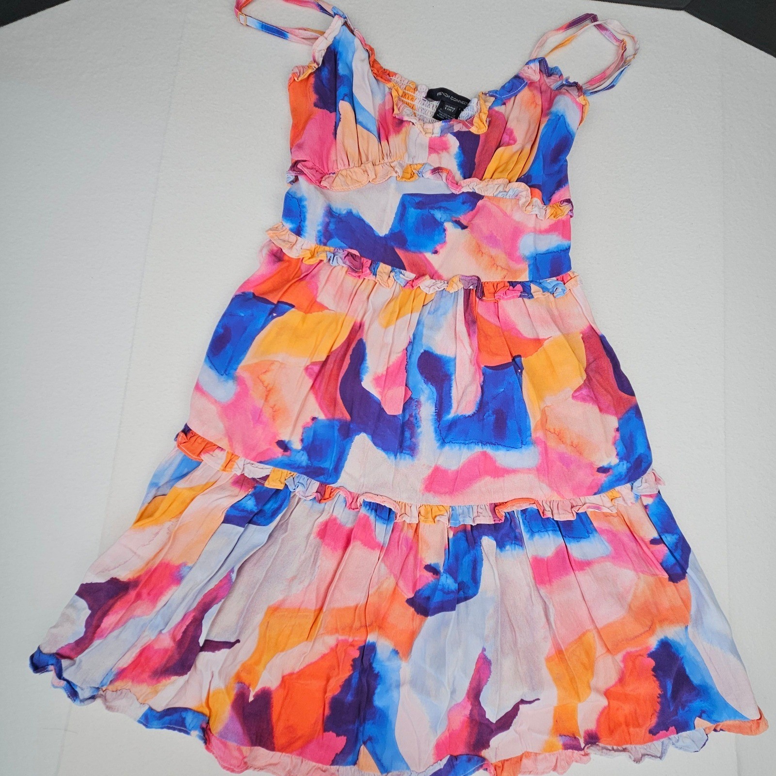 French Connection Abstract Watercolor Tiered Ruffle Mini Dress Multi-Color XXS 2