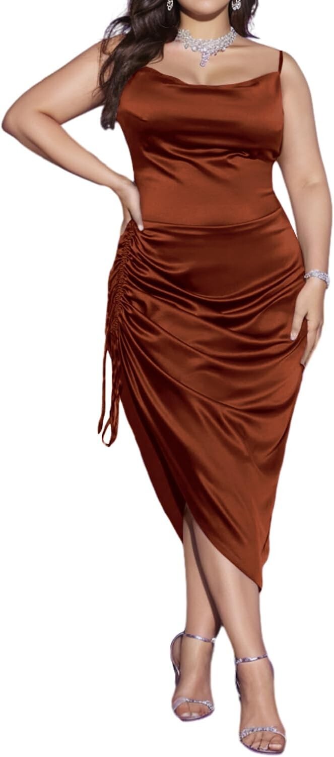 Women’s Plus Size Satin Cowl Neck Side Drawstring High Slit Party Dress, XL (B33