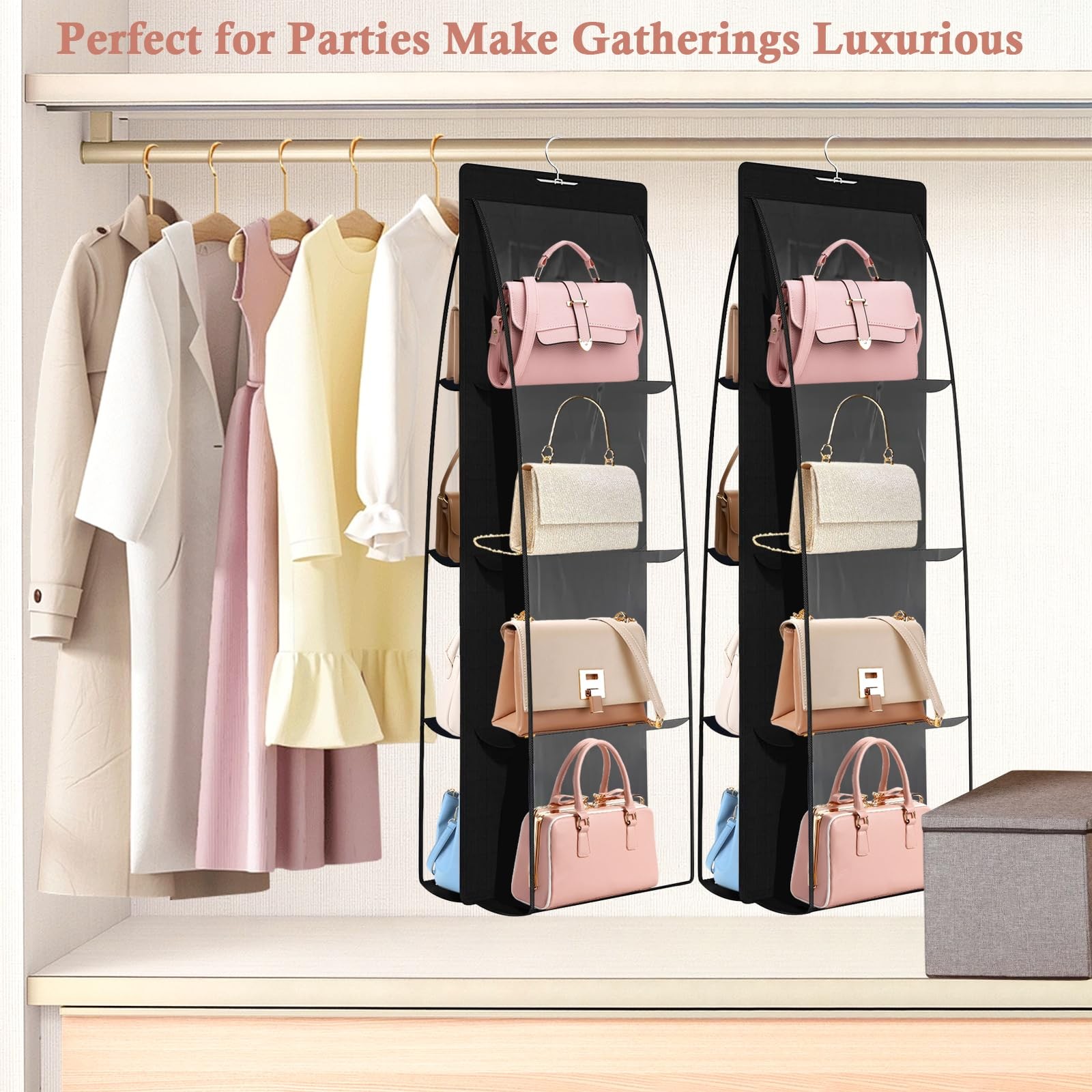 3 Pack Purse Organizer for Closet, 8 Pockets Black Handbag Hanging, Handbag S