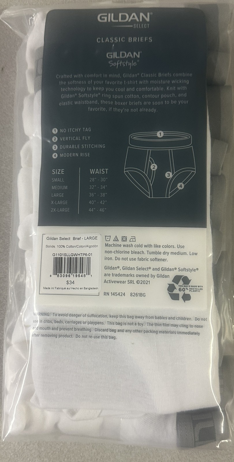 Gildan Men’s SELECT CLASSIC White BRIEFS 100% COTTON 6-24packs