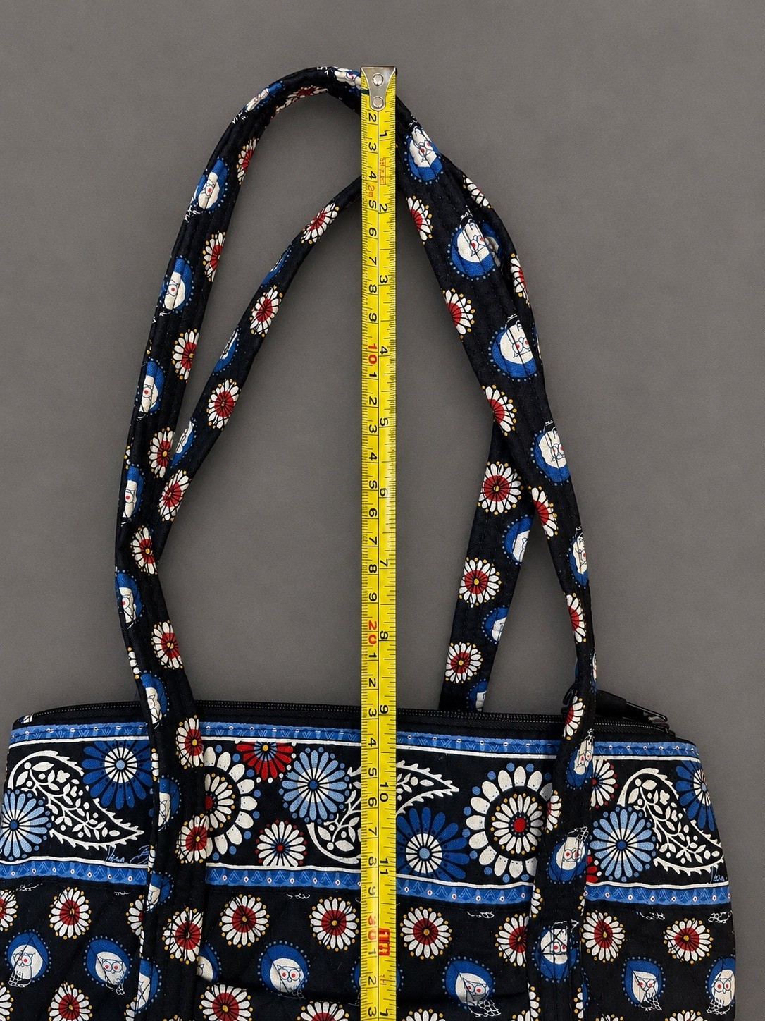 Quilted Floral Owl Print Zip Tote Bag Medium Lined Inner Pockets Black Blue