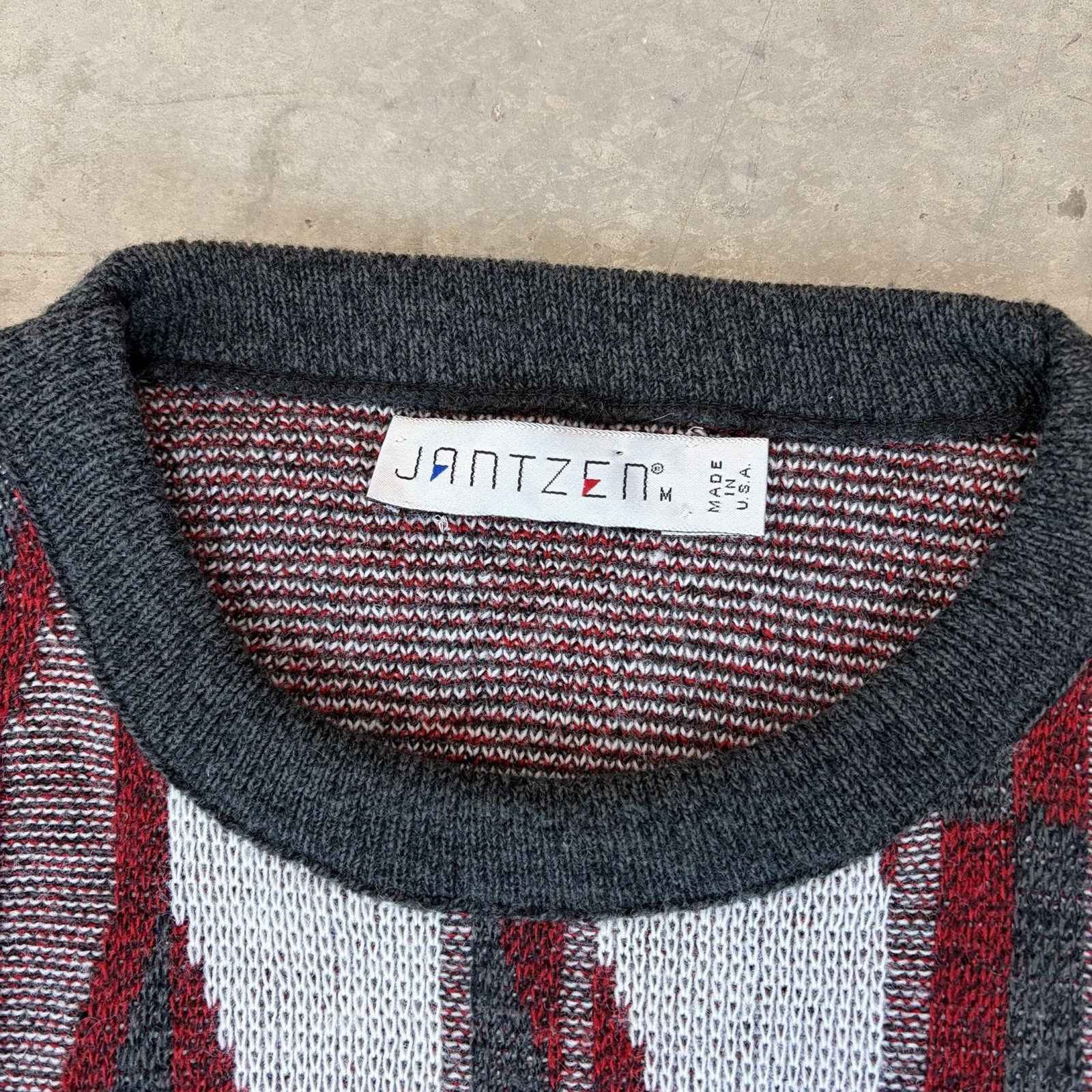 Vintage 90s Jantzen Geometric Sweater USA Made Multicolor Red White Gray Medium