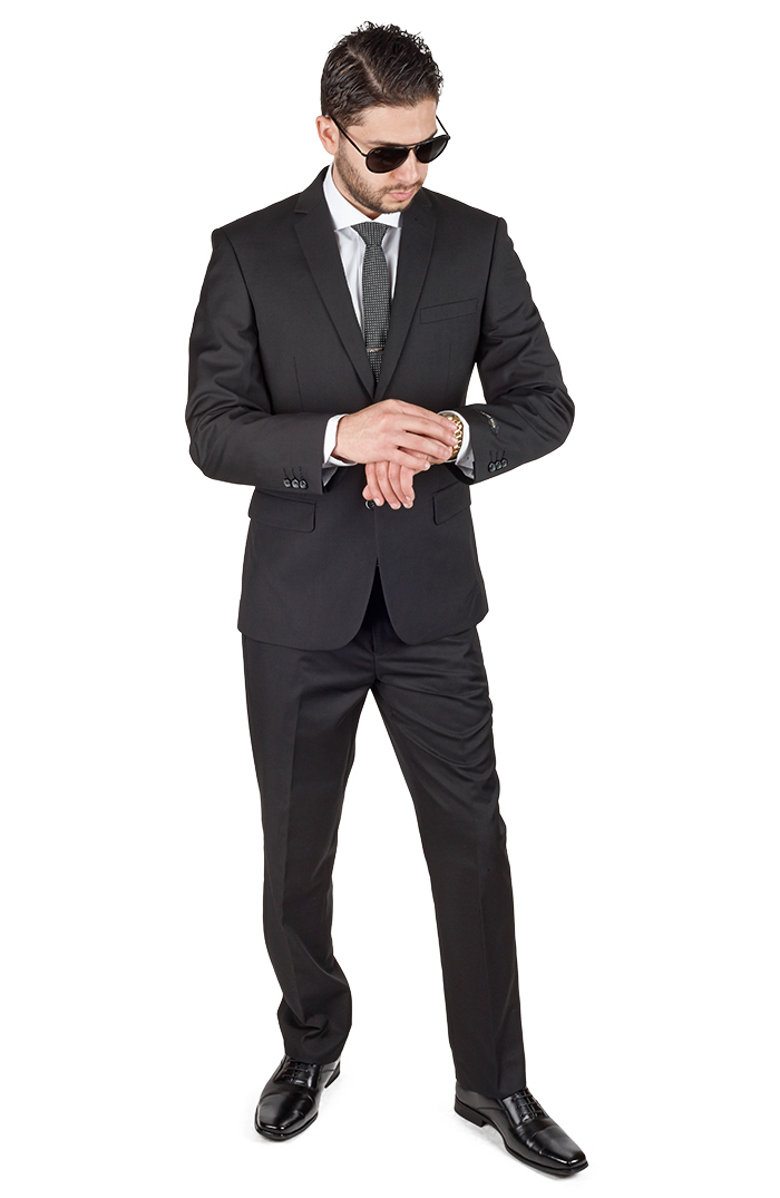 Slim Fit 2 Button Notch Lapel Flat Front Pants Business Black Suit By AZAR MAN