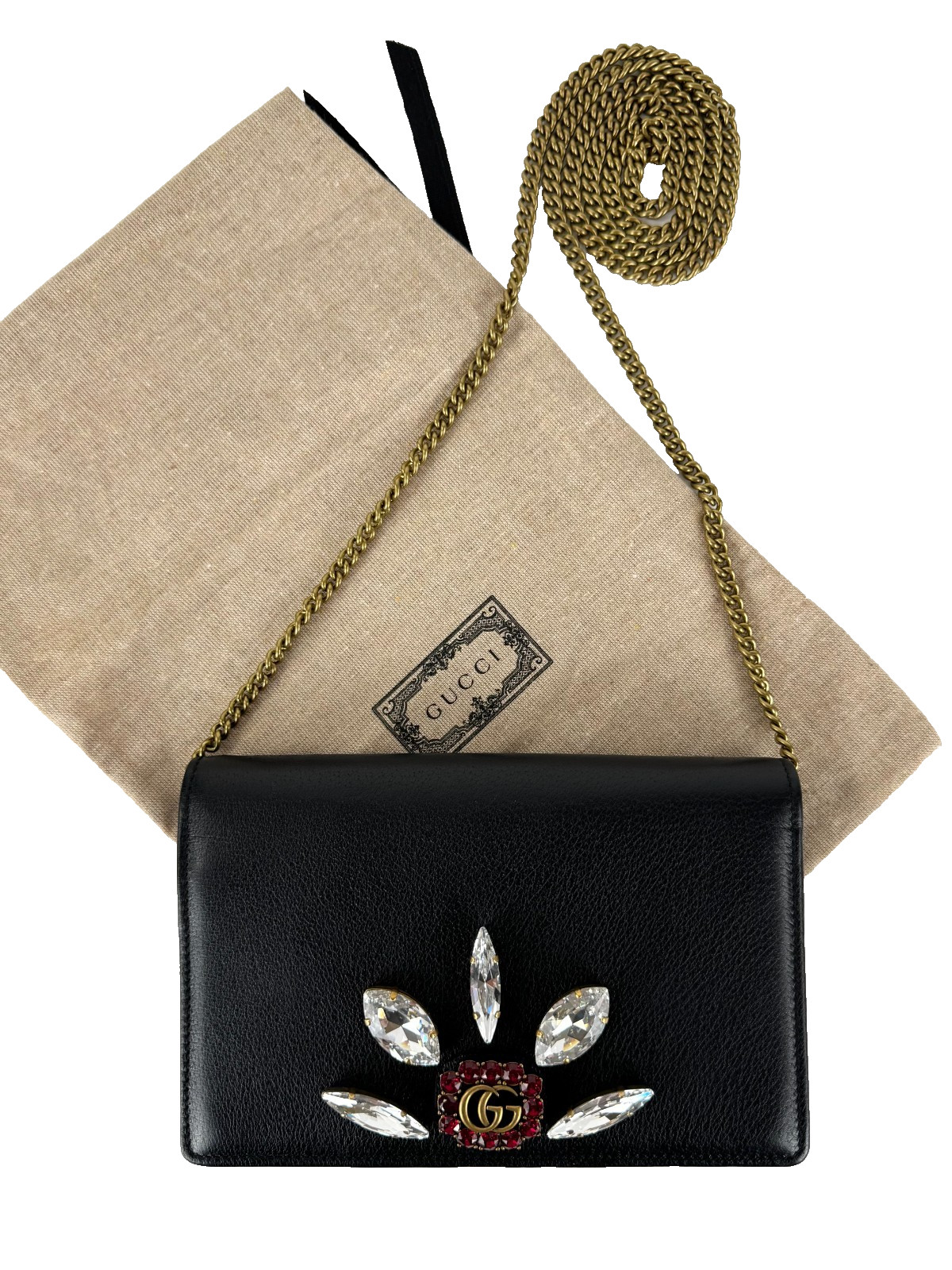Gucci New Auth Black Leather Mini GG Marmont Crystal Wallet Chain Bag Dust Bag